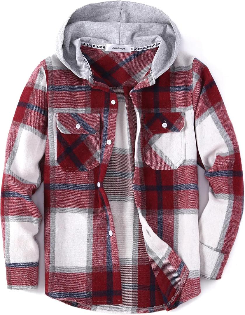 Boys Girls Casual Flannel Plaid Hoodies Spring Fashion Button Down Shirts Long Sleeve Cute Lightweight Jacket Coats, Burgundy White 13-14y