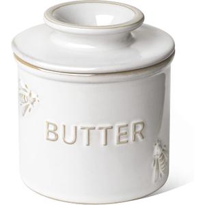 LE TAUCI Butter Crock, Butter Dish with Lid, Butter Container for Counter with Water Line, Embossed French Butter Keeper for Spreadable Butter, Suit For Housewarming - Set of 1, Arctic White, Bee