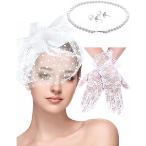 Honoson 4 Pcs Fascinators Hats Set for Women Tea Party Accessory Headpiece Veil Lace Glove Pearl Set, Wedding Halloween Xmas (White)