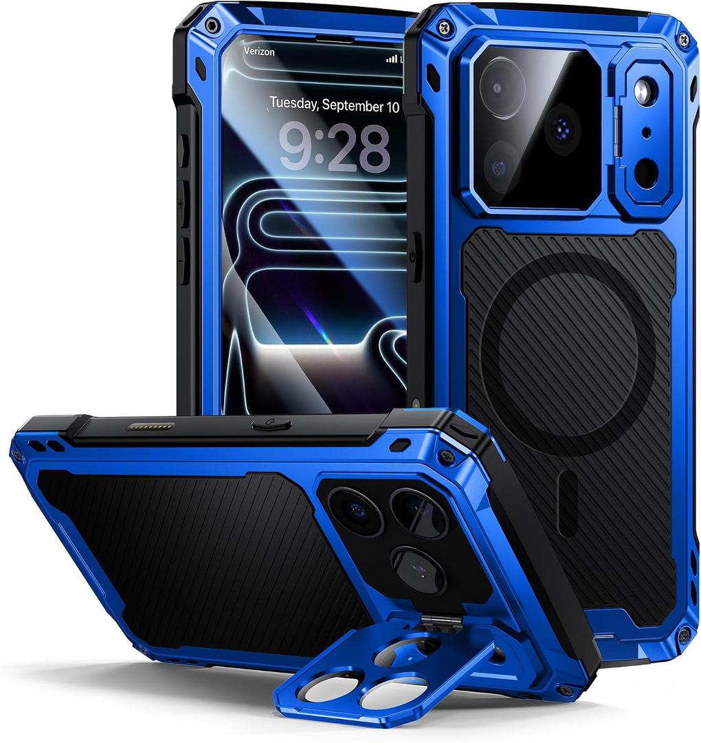 Lanhiem for iPhone 17 Pro Metal Case with Kickstand, Compatible with MagSafe, Built in Tempered Glass Screen Protector, Heavy Duty Shockproof Rugged Phone Cases, Full Body Tough Cover 6.3"(Blue)