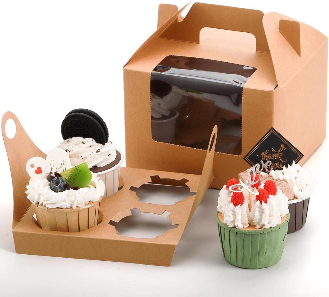 Jucoan 40 Pack Cupcake Boxes, 4 Count Kraft Paper Cupcake Carrier Holder Container with Window, Insert and Handle for Muffin, Gable Party Favor Treat Boxes for Wedding, Birthday, Mother's Day