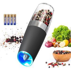 CIRCLE JOY Gravity Electric Pepper Grinder Salt Grinder Pepper Griner Mill Electric with LED Light, Battery Operated, Adjustable Coarseness, Washable 135ml Container