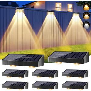 BrizLabs Solar Fence Lights Outdoor, 3 Colors (2700K/4500K/6500K) & 6 Modes Solar Wall Lights, 8 Pack 250lm LED Patio Deck Light IP65 Waterproof Fence Lighting for Outside Backyard Patio Railing Pool (Warm White + Nature White + Cool White)