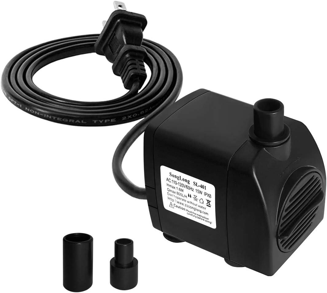 Submersible Pump 200GPH (800 L/H 15W) Ultra Quiet with Dry Burning Protection 5.2ft High Lift for Fountains, Hydroponics, Ponds, Aquariums & More