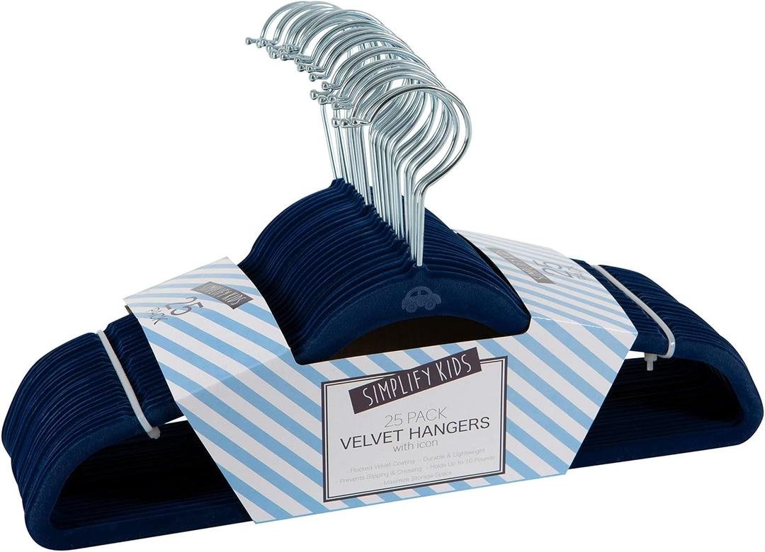 Simplify 25 Pack Kids Velvet Hangers | Slim | Non-Slip Design | Space Saving | Childrens Clothes | Shirts | Pants | Dresses | Baby Nursery | Closet Storage & Organization | Navy