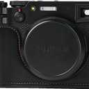 X100 Case, BMAOLLONGB Handmade PU Leather Half Camera Case Bag Cover Bottom Opening Version for Fujifilm X100 with Hand Strap (Black)
