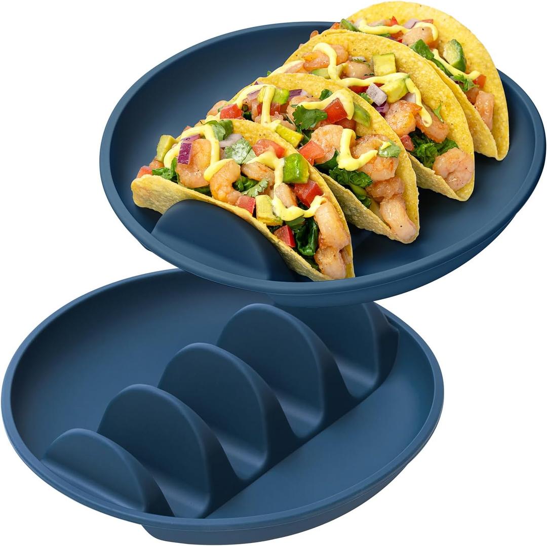 2 Pack Silicone Taco Holder Plates with Metal Reinforced Frame, Reusable Taco Holder Silicone Taco Plates for Hard and Soft Tacos, Taco Serving Plates for Party, Dishwasher-Safe Taco Holders Set of 2