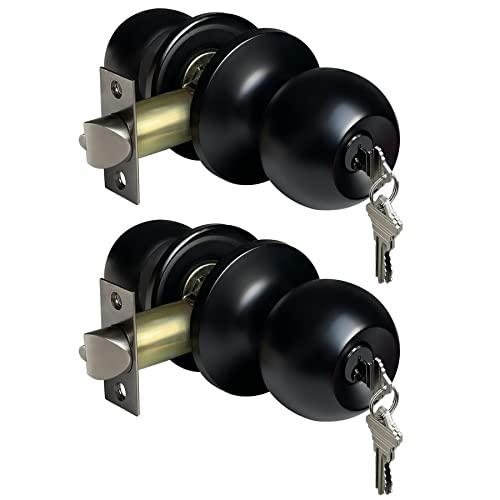 [2 Pack] BESTTEN Keyed Entry Door Knob, Entrance Door Lock, Keyed Different, Standard Ball, Matte Black