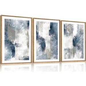 HOURIA Abstract Navy Blue Gray Framed Canvas Wall Art Set,Neutral White Brush Stroke Wall Decor,Minimalist Color Block Shapes Artwork,Modern Pastel Prints for Living Room,Bedroom,Farmhouse- 24"x36"x3