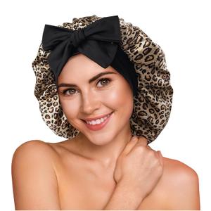 YFONG 100% 22 Momme Mulberry Silk Bonnet for Sleeping Women, Larger Double Layer Silk Hair Wrap for Curly Short Long Hair, Non-Slip Sleep Cap Turban with Elastic Tie Band (Leopard)