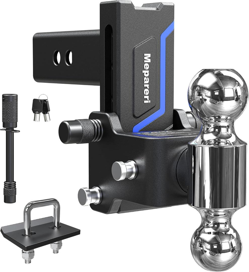 2.5 Inch Drop Hitch, Heavy Duty Adjustable Trailer Hitch Fits 2.5" Receiver, Dual Ball (2" x 2-5/16"), 5" Drop, 18,000 lbs Tow Hitch with Dual Locking Pins, Stowable Design