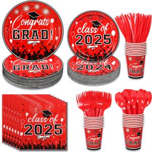 Upigi 175PCS Graduation Plates and Napkins Set 2025 Graduation Party Supplies Tableware Set Include Paper Plate Napkin Cup Knife Fork Spoon for Grad Party Decor Serve25 (Red and Black)