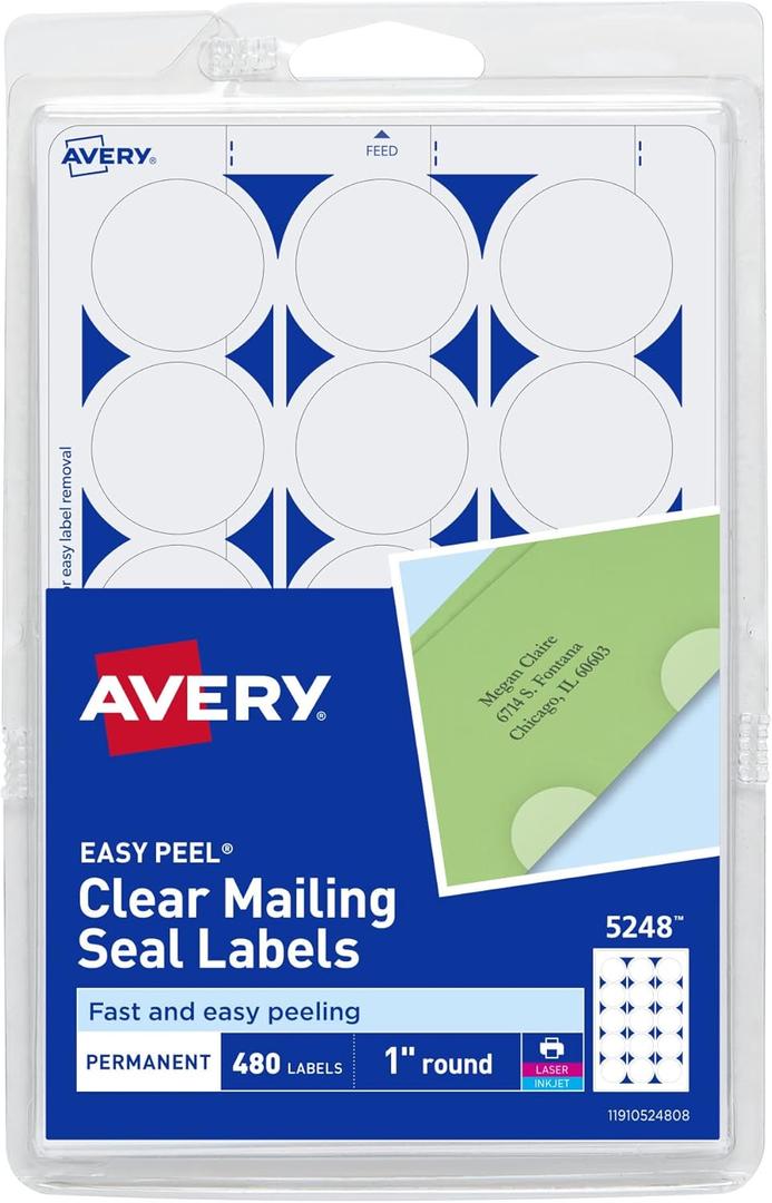Avery Mailing Seals, 1" Round Labels, Clear, 480 Printable Mailing Labels (05248)