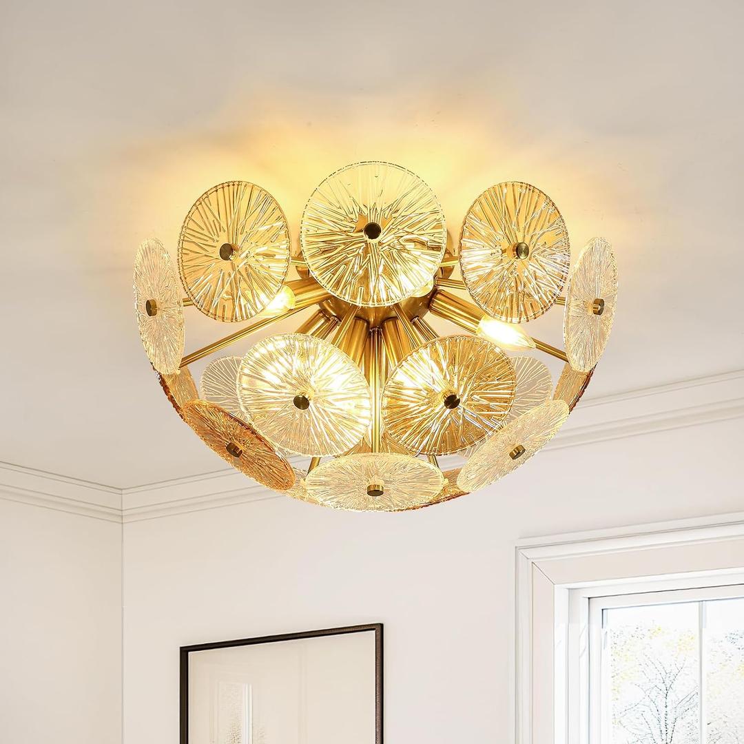 Semi Flush Mount Ceiling Light, 8-Light 20inch Gold Crystal Chandeliers Modern Ceiling Light Fixtures Farmhouse Floral Chandeliers for Living Dining Room Bedroom Entryway Foyer, D20 inch