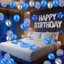 Blue Happy Birthday Balloons Decorations Royal Blue Silver Birthday Balloons Letters Banner 6 Pcs Star Balloons Blue Artificial Rose Petals 24 Flameless LED Candles for Bedroom Hotel Birthday Party