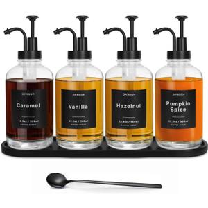 Coffee Syrup Dispenser for Coffee Bar, 16.9oz 500ml Glass Syrup Dispenser w Black Coffee Scoop, Coffee Syrup Pump Dispenser w 36 Labels and Bamboo Tray, Coffee Syrup Bottles with Black Pump, 4PCS