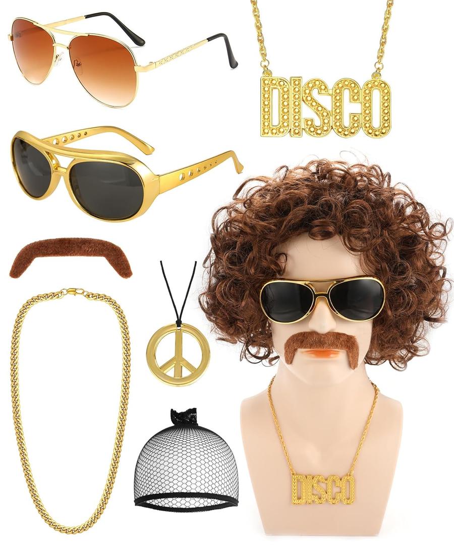 70s 80s Disco Costume Wigs Set for Men Mustache Glasses Peace Sign Pendant Chain Hippies Cosplay Halloween Party Accessories (curly hair)