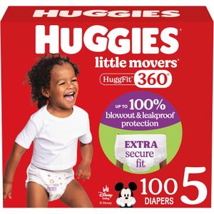 Huggies Size 5 Baby Diapers, Little Movers HuggFit 360° Baby Diapers with 360° Waistband, Size 5 (27+ lbs), 100 Count
