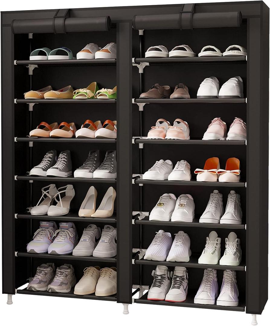 MOYIPIN Shoe Rack Storage Organizer, Double Row Portable Nonwoven Fabric Cover Shoe Rack Holds up to 28 Pairs 36.2 x 11.2 x49.2 Inches Black