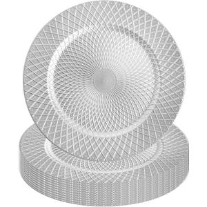 Frcctre 5 Pack Silver Charger Plates, 13 Inch Decorative Round Plastic Charger Dinner Plates, Reusable Diamond Pattern Serving Plate for Wedding, Party, Holiday, Event Table Decoration