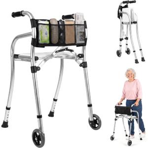 Walkers for Seniors with Seat, Lightweight Folding Walker with Storage Bag, Adjustable Height Rolling Walkers with 5" Wheels, Aluminum Standard Walker, Supports Up to 330 Pounds, Silver