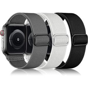 DaQin 3 Pack Stretchy Solo Loop Compatible with Apple Watch Bands for Men 42mm 41mm 40mm 38mm, Soft Nylon Braided Elastic Strap for iWatch Band Series 11 10 9 8 7 6 5 4 3 SE Ultra 3 Ultra 2 Ultra (Dark Gray/White/Black)