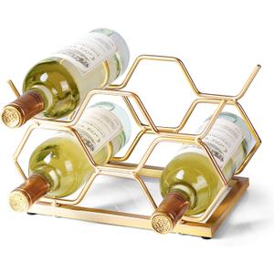 Countertop Wine Rack - 5 Bottle Freestanding Modern Gold Metal Small Wine Rack - Tabletop Wine Holder Stand for Cabinet, Pantry, Wine Bottle Storage