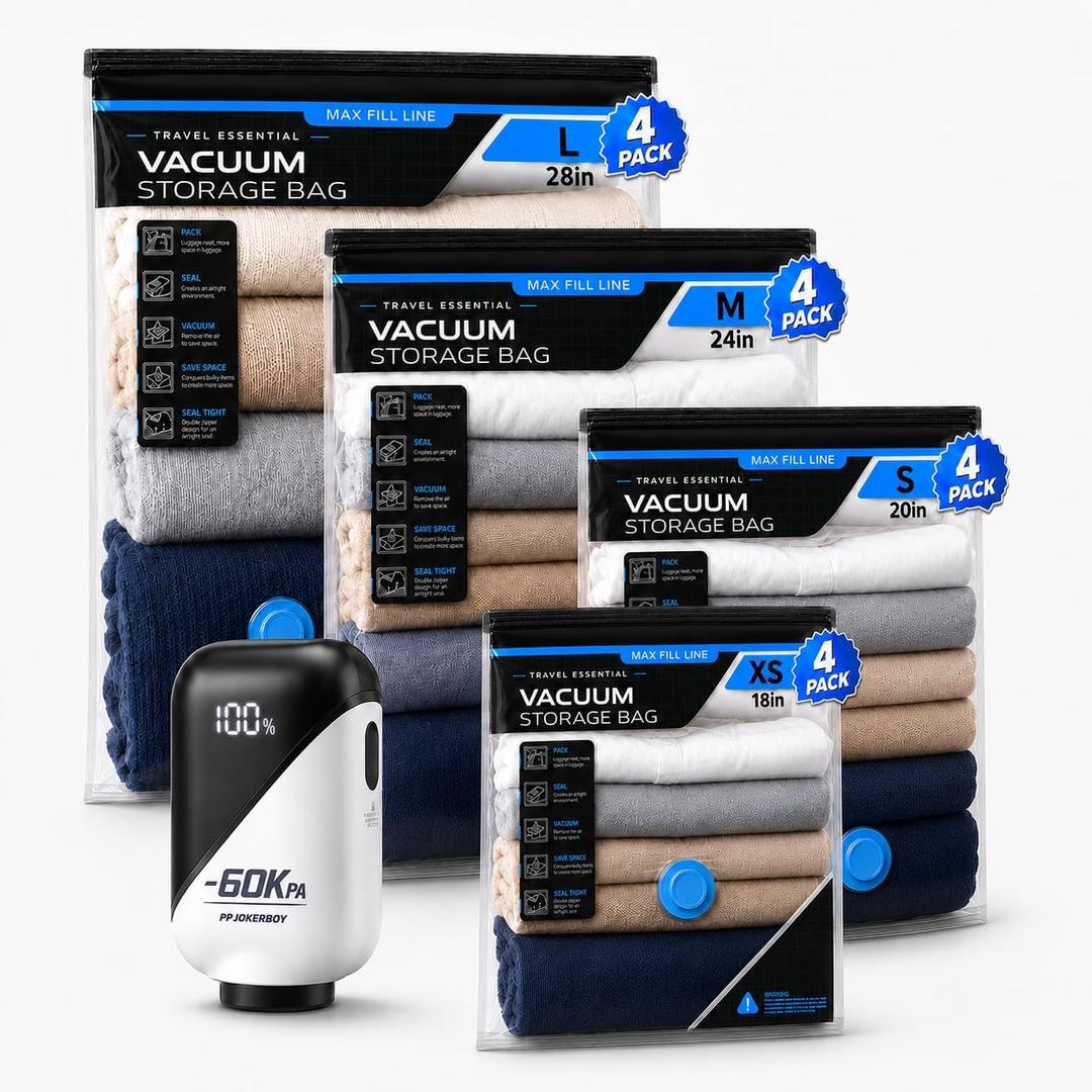 Travel Vacuum Bags with 60KPA Pump, 16 Pack Vacuum Seal Bags for Clothing, 16 Combo Travel Size