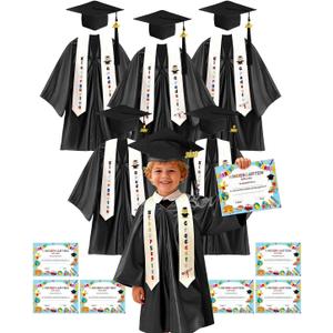 6 Set Shiny Kindergarten Graduation Cap and Gown Set with Stole, 2026 Tassel and Diploma Certificate, Pre-K Graduation Robe Small