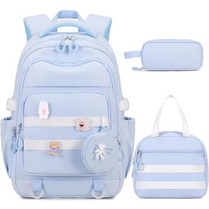 Backpacks for Girls - 4PCS Girls Backpack with Lunch Bag & Pencil Pouch Coin Pruse for Teens Kids Elementary Middle High School College Student Bookbag Daypack (Blue)