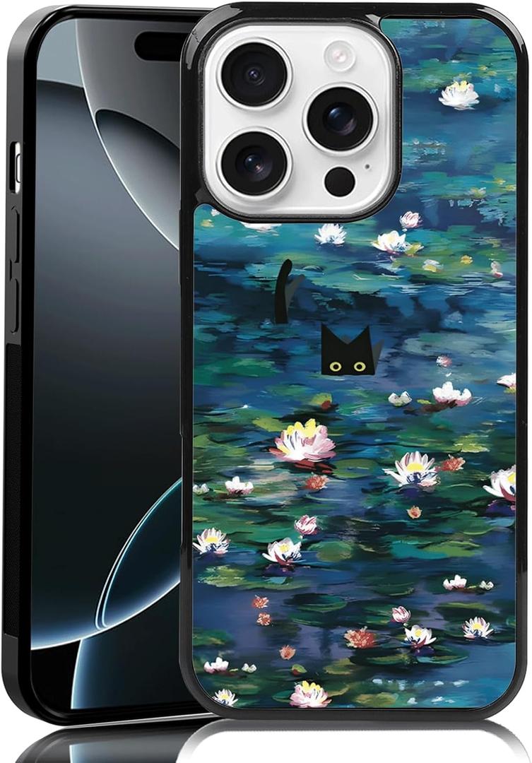 Water Lilies Phone Case Fit for iPhone 16 Pro TPU Shockproof Protective Monet Waterlily Cat Flowers Phone Cover Gift for Boy Girl Men Women