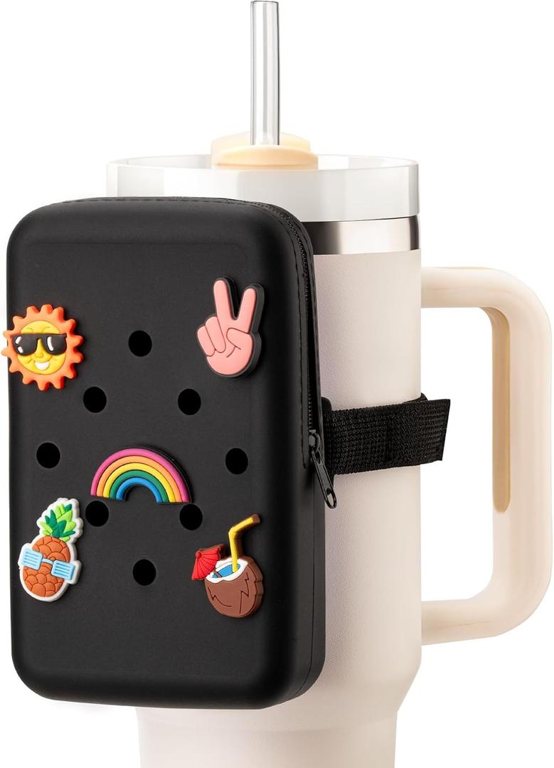 Snowfall Silicone Water Bottle Pouch for Stanley Cup 20/30/40 OZ, Anti-Slip Water Bottle Bag with Elastic Strap for Gym, Hiking and Running, 20-40 OZ Bottle Pocket for Cards, Keys, Phones (Black)