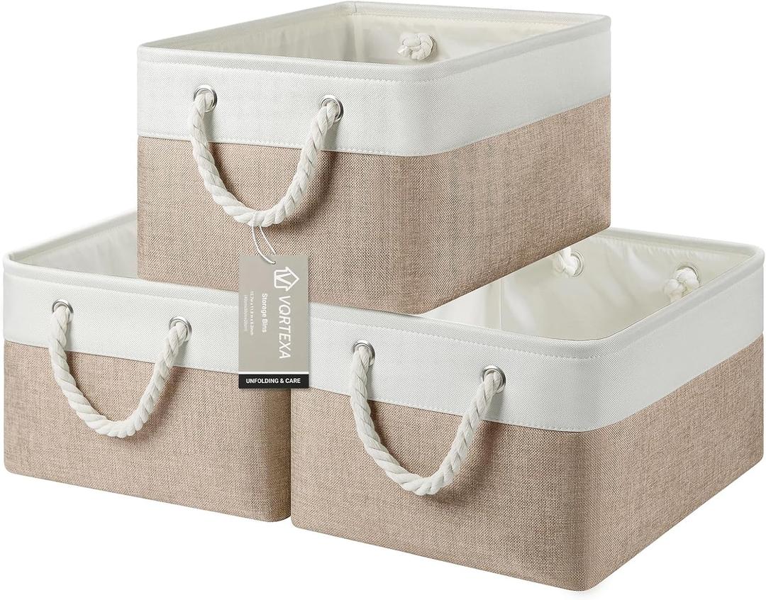 Large Storage Baskets- 15.7x11.8x8.26 inch Storage Bins for Shelves and Closet Organizing, Foldable Fabric Bin for Home Organization Clothes and Laundry (3-Pack, White&Khaki)