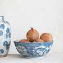 Hand Painted Stoneware Bowl with Floral Design, Blue and White, 14 inches x 14 inches x 6 inches
