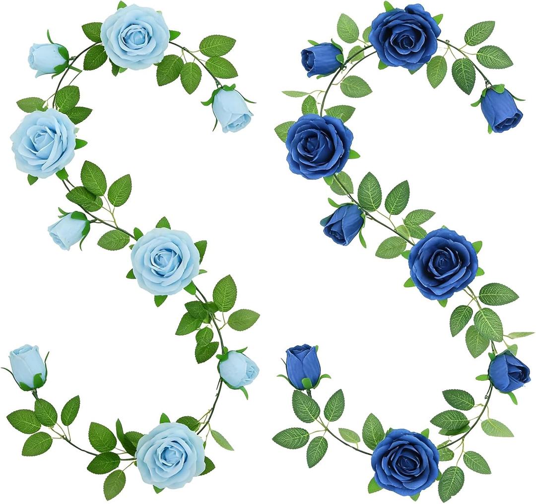 GREENTIME 2Pack Artificial Rose Flower Garland 6.5 FT Fake Rose Vine for Wedding Arch Table Centerpiece Arrangement Wall Party Decoration Stairs Fireplace Decor Mirror Decor (Light Sapphire Blue)