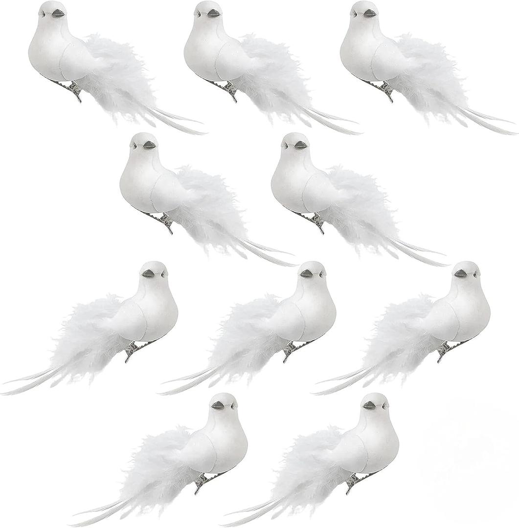 White Feather Doves with Clips - Set of 10 Dove Clip-On Decorations - Weddings Parties Christmas - Crafting Accessories - 4.5" L x 1.5" H x 2" W