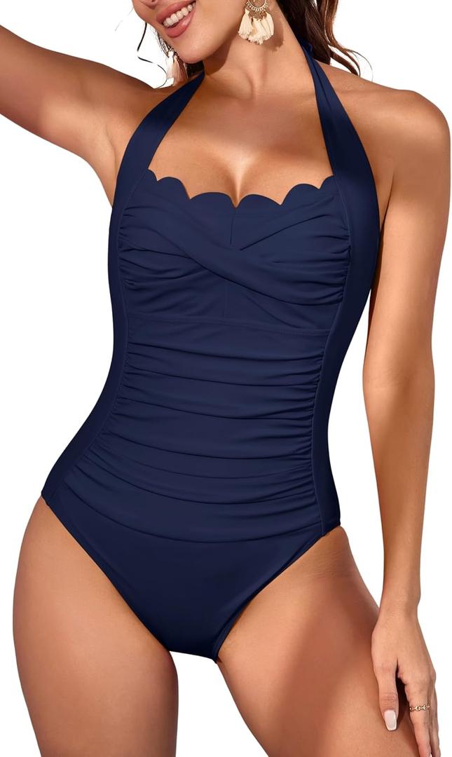 Eomenie Women One Piece Tummy Control Swimsuit Halter Scallop Trim Bathing Suits 1 Piece Vintage Ruched Slimming Swimwear, 2XL