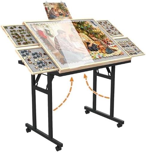 Foldable Puzzle Table with Drawers 1500pcs, 35"x26" Adjustable Tilting Jigsaw Puzzle Table for Adults, Portable Design with Legs, Lockable Wheels & Protective Cover