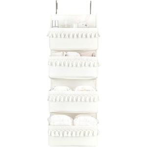 Dahey Over The Door Organizer Boho Nursery Storage Decor Closet Hanging Organizer with Tassels Decoration for Bedroom Nursery Bathroom Apartments Dorm Pantry, 4 Pockets, White (Medium)