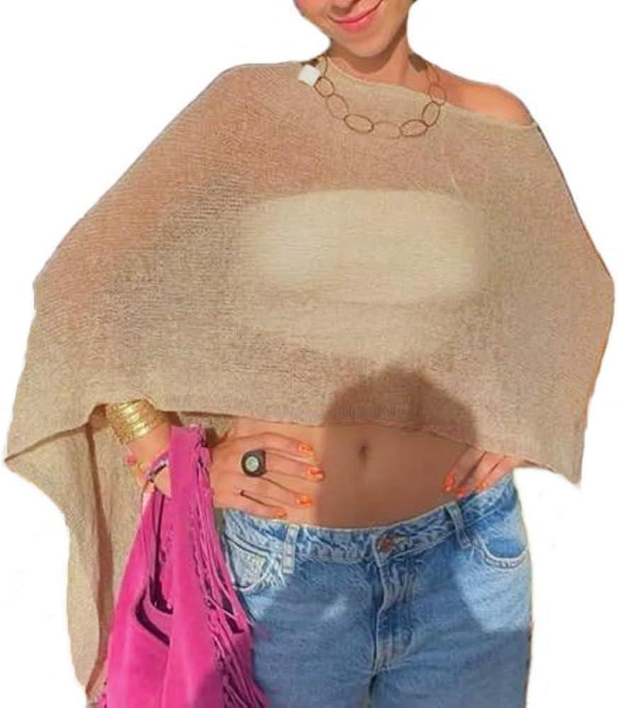 Women Sheer Poncho Top Knit Crochet Lightweight See Through Shawl Summer Shrug Beach Cover Up (One Size, A1 Light Brown)