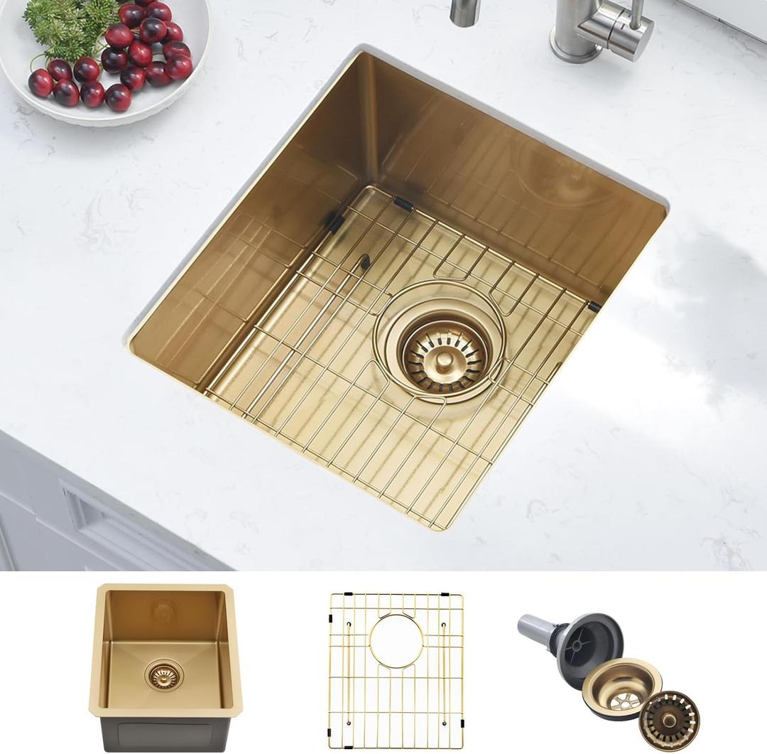 Gold Bar Sink Undermount, 15 x 17 Inches Small Kitchen Prep Sink for Wet Bar Outdoor RV 16 Gauge SUS304 Stainless Steel Single Bowl Gold Bar Sink Undermount, 15 x 17 Inches Small Kitchen Prep Sink for Wet Bar Outdoor RV 16 Gauge SUS304 Stainless Steel Single Bowl