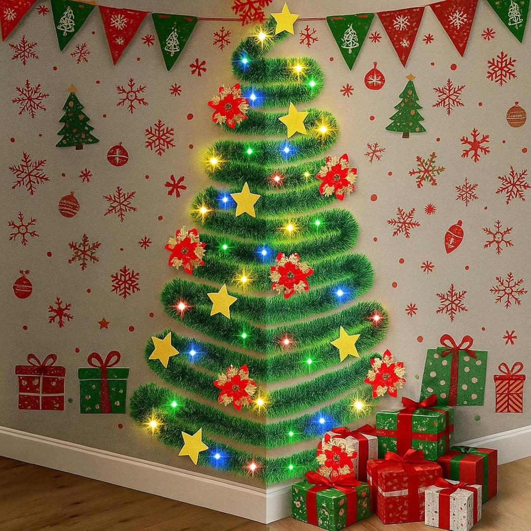 Wall Christmas Tree with String Lights 33 ft Christmas Wreath Ornaments with Poinsettia Flower Star Sticker and Light String for DIY Corner Xmas Tree, Indoor Holiday Decor Wall Corner