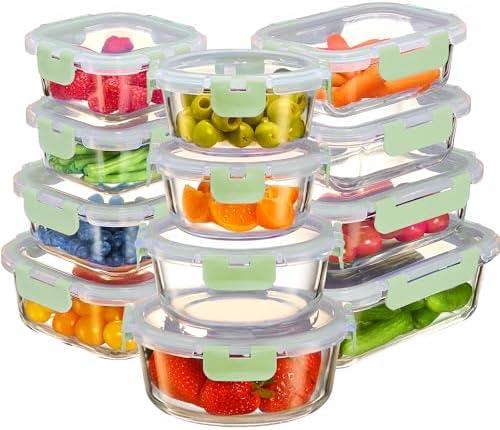 FineDine 12 Piece Glass Storage Containers with Lids - Airtight, Leak Proof, Dishwasher Safe, Glass Food Storage, Food Storage Containers, Meal Prep Containers, Green