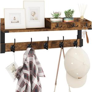 Homode Coat Rack with Shelf, Wall Shelf with Hooks, 26 Inch Long Coat Hanger Wall Mount with Key and Mail Holder, Wood Entryway Shelves for Hanging Hat Jacket Backpack Purse, Rustic Brown Black