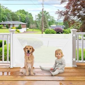 Retractable Dog Gates for Doorways 55 Inch Wide Retractable Baby Gates for Dogs Indoor Pet Barrier for Dogs Mesh Baby Gate No Bottom Bar Outdoor Dog Gate for Deck/Kitchen/Front Porch/Bedroom, White