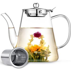 Glass Teapot, 1200ml (40oz) Tea Pot with Infuser for Loose Tea and Blooming Tea, Stovetop Safe Tea Kettle, Hand Crafted Borosilicate Glass Tea Maker with Scale Line, Tea Gift Set for Tea Lovers