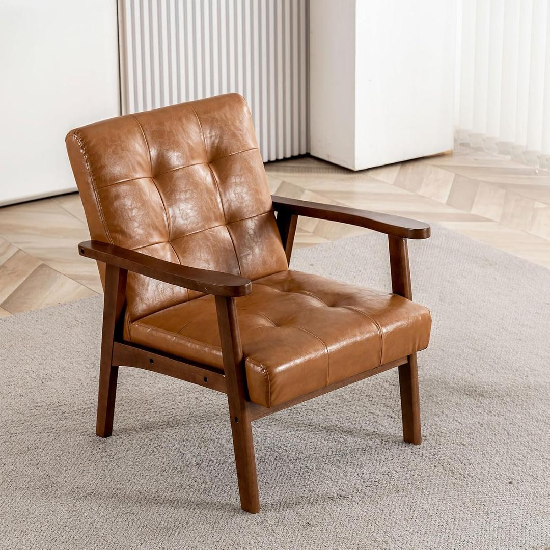 Mid Century Modern Accent Chairs for Living Room, Comfy Bedroom Chairs for Adults,Small Wide Reading Nook Arm Chair, 105° Ergonomic, Cozy Brown Leather Armchair with Rubber Wood