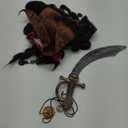 6PCS Pirate Costume Accessories for Adult,Halloween Pirate Hat with Dreadlocks,Eye Patch Earring Skull Necklace Plastic Knife Silver Ring for Men Woman Cosplay