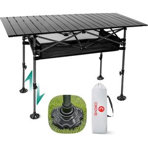 Height Adjustable Camping Table Tall Large Outdoor Folding Camping Table with Wide-Base Anti-Sink Legs & Carry Bag for Camping BBQ Beach Backyard (Black)