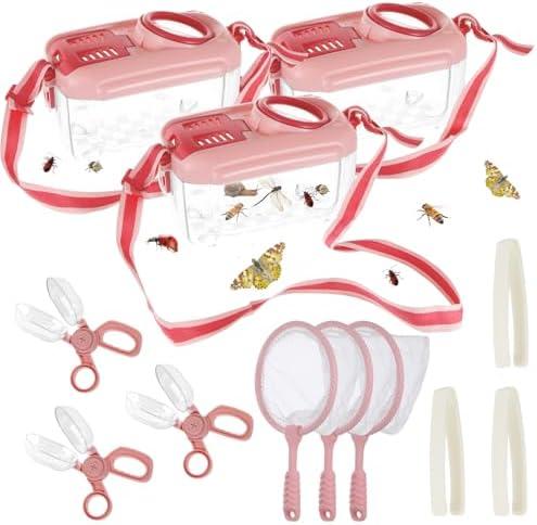 3 Sets Bug Catcher Kit for Kids Outdoor Exploration Kit Kid Summer Toys Nature Explorer Kit Bug Collection Kit with Insect Catcher Box, Butterfly Nets, Tweezers for Kids 3 4 5 6 7 8+ Years Old (Pink)